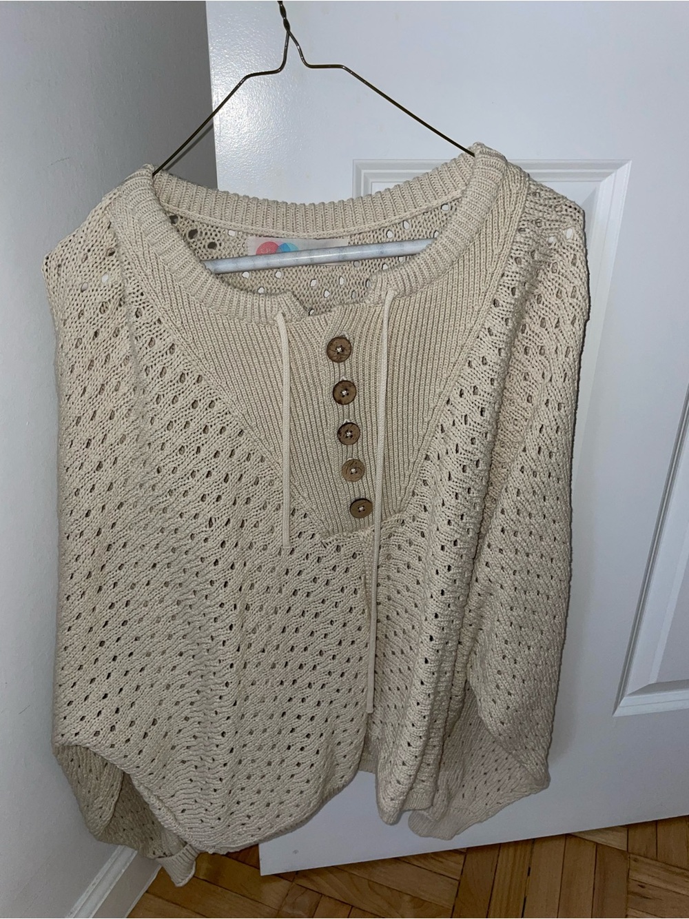 Free People Cream Open-Weave Henley Sweater with Wooden Buttons